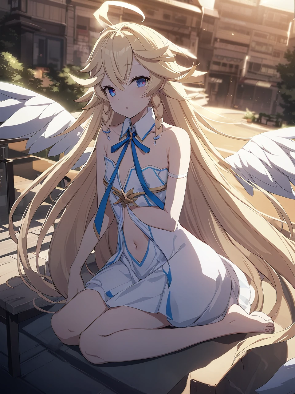 Zaora, blue eyes, (Variegated eyes:0.5), blonde, Very long hair, Twin Blade, bangs, Ahoge, Hello, Angel, Flat Chest, White Dress, Navel clipping, - Detachable collar, Strapless, Neck ribbon, Bare shoulders, Angel wings, barefoot, One Girl, Solo rest area, city, Written boundary depth, Cinematic, masterpiece, Highest quality, Game CG
 