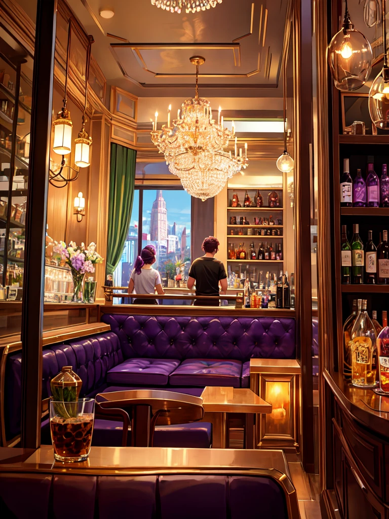 Aesthetic illustration of a coffeeshop interior from the point of view of a cashier behind a mini bar. The scene includes several sofas and chairs facing a large mirror reflecting a bustling cityscape. The coffeeshop is lively with people engaged in various activities, dominated by shades of purple and green.