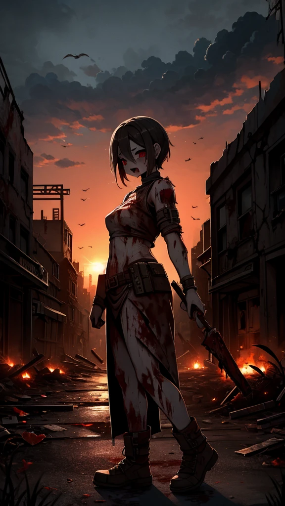 monde de zombies，Style désert，Style apocalyptique，Sang，Sang，沾满Sang的衣服，fille zombie，fille zombie，suppurer，pourrir，fond de ruines，fond de ruines，Contexte de la ville，Fond de zombies，Milieux d&#39;horreur，fille zombie on the city street