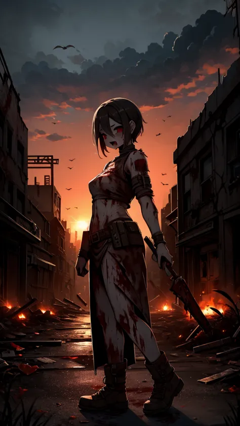 Zombie World，Wasteland style，Doomsday style，Blood，Blood，沾满Blood的衣服，Zombie girl，Zombie girl，fester，rot，Ruins Background，Ruins Bac...