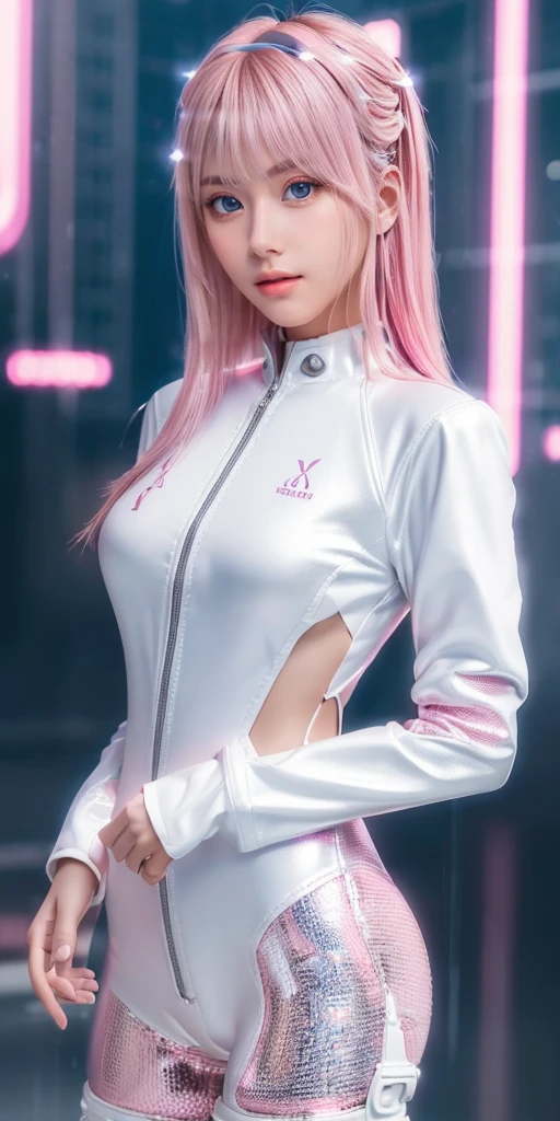 ((masterpiece, best quality, extremely detailed), volumetric lighting, ambient occlusion, colorful, glowing), 
1girl, solo, young girl, (pink hair), long hair, halo, aura, sacred, godness, cyber suit, (white outfit:1.3), android, bot, angel wings,
outdoors, sunset, sky, clouds, space, (cyberpunk theme:1.2),