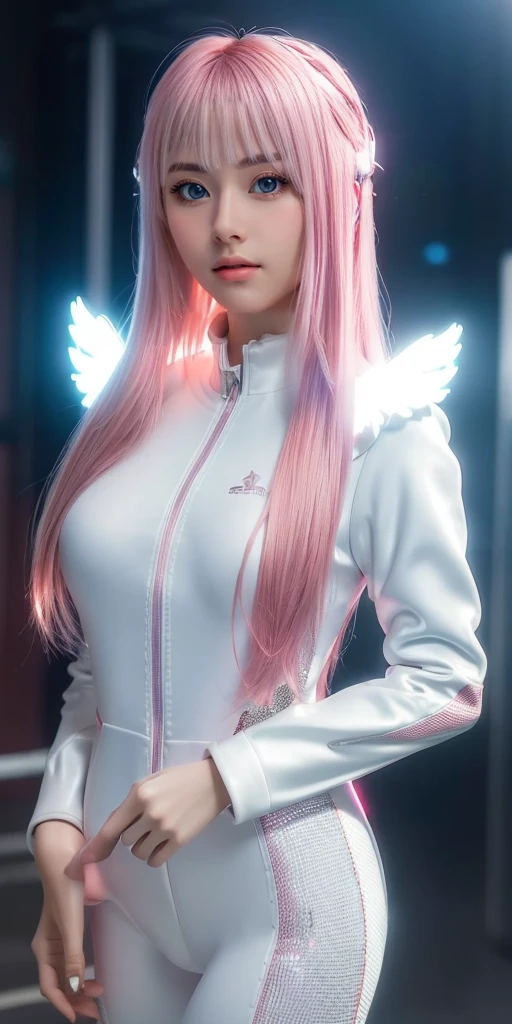 ((masterpiece, best quality, extremely detailed), volumetric lighting, ambient occlusion, colorful, glowing), 
1girl, solo, young girl, (pink hair), long hair, halo, aura, sacred, godness, cyber suit, (white outfit:1.3), android, bot, angel wings,
outdoors, sunset, sky, clouds, space, (cyberpunk theme:1.2),