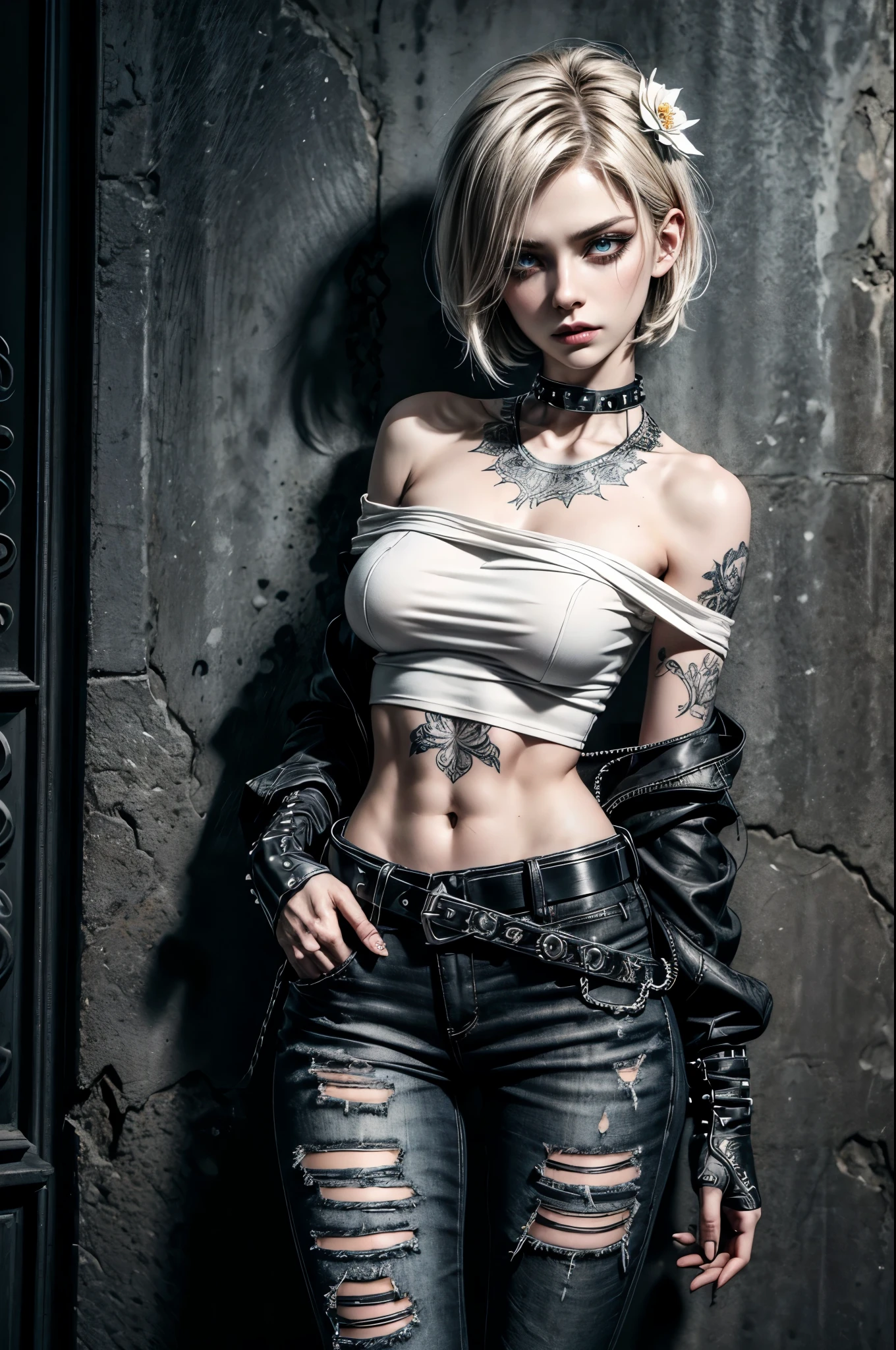 (Detailed illustrations, Very detailed and detailed drawing, Delicate lines with slow and rapid, Realistic texture expression), One woman with very short blond hair with black tips, ( emo hairstyle, ), goth, punk, pale white skin, evil smirk, (cold morning outside in the streets background), dark lighting, cold atmosphere, lore_Emma , blue eyes , dark eyeliner, (ultra dark glossy black lipstick), bored expression, gorgeous face , super cute, 18 years old , hyper detailed face, (super skinny figure , medium breast, thin waist), ((leaning back against wall with both arms close to body and hands in pocket)), (slight forward head tilt), slim legs, slim hips, LowriseXL, (ultra low rise ripped and dirty long jeans with rivets and chains), (white colored off shoulder loose fit t-shirt), (white colored shirt), black choker, bare midriff, vulva tattoo, (white lotus flower in hair), ((flower pattern tattoo)), fingerless leather gloves, (black nail polish), faded tattoo's, ((thigh belt)), ((hip chains)), ((belt hanging on hip)), ((three studded belts)), (visible strong abs)