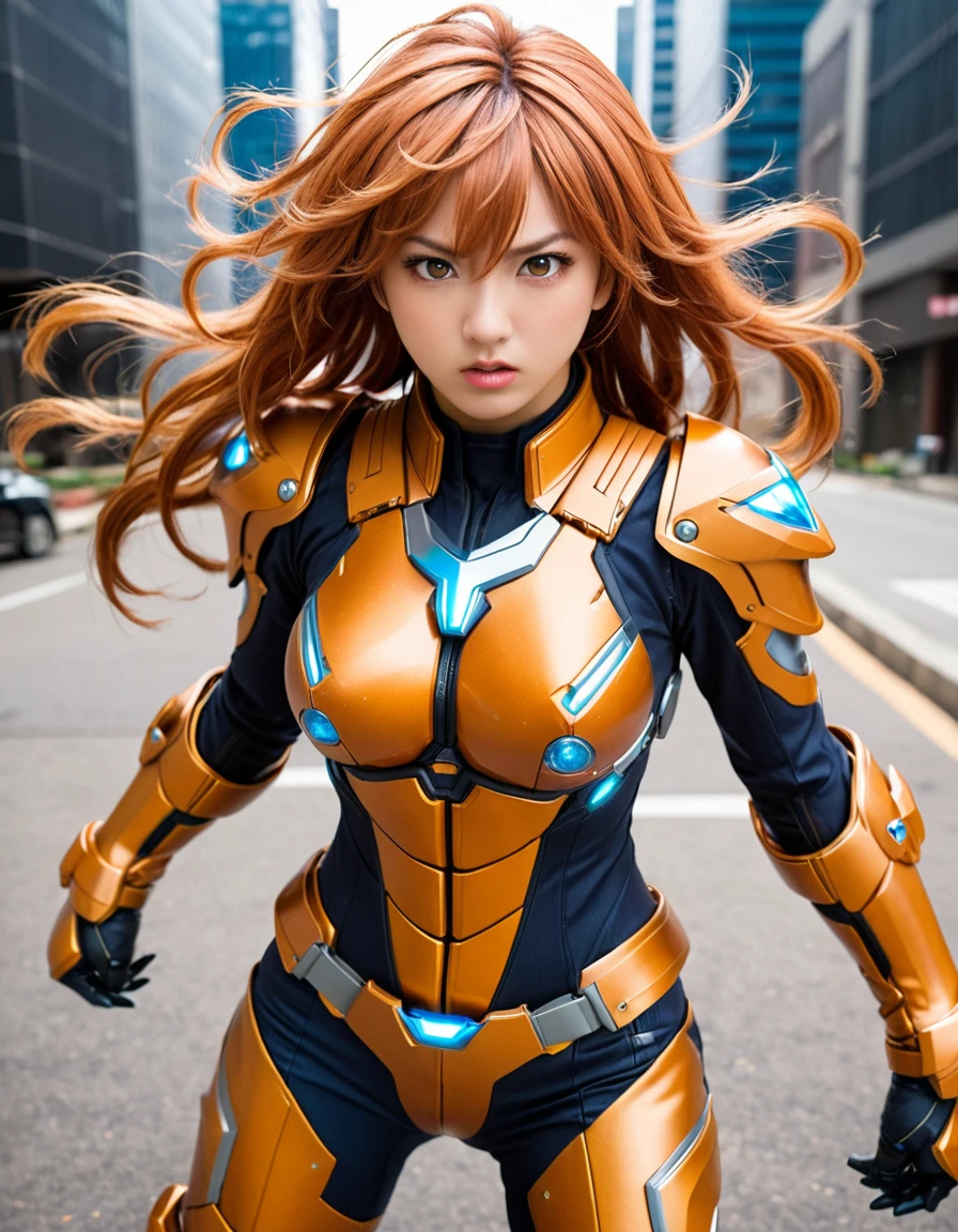 dynamic angle, (close up face), a ultra detailed beautiful photograph, (angry, embarrassed, tan), tsundere gal wearing a powered suit is a fusion of chaos and harmony. Her vibrant hair color and flashy nails contrast with the suit’s cold metallic quality. When she dons the suit’s helmet, her eyes blaze with fighting spirit and determination. Yet, amidst that strength, glimpses of her tsundere nature peek through. As she takes control of the powered suit, her movements overwhelm enemies in an instant.