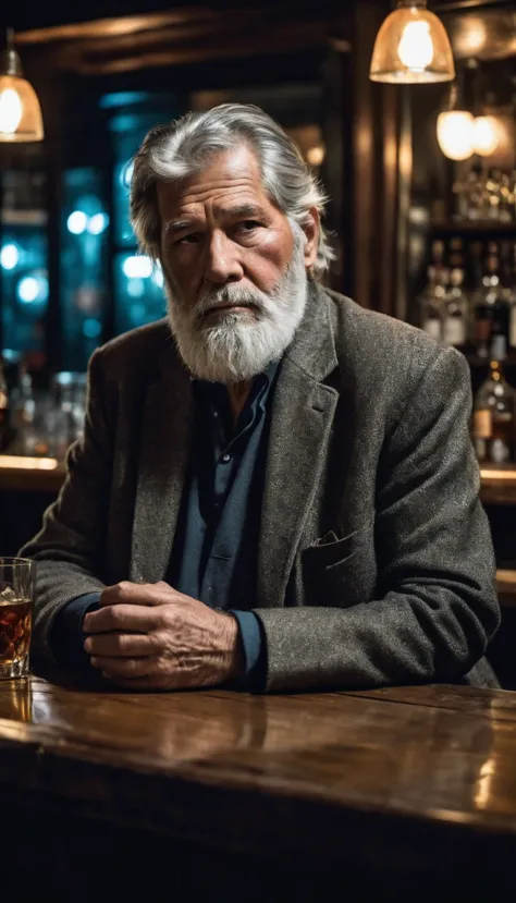 a 75-year-old man, obese and with a long beard, sits alone in a rustic bar, enveloped in the soft, intimate lighting that mirror...