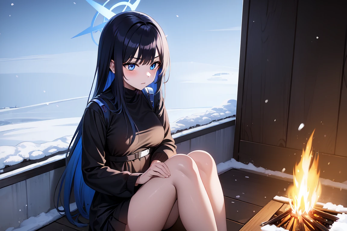 1girl,solo, saorijoumae, saori joumae, blue eyes, blue hair, halo, long hair, black clothes red parts, tall, teenager, sitting on steel boxes, snowy plains, campfire, snow