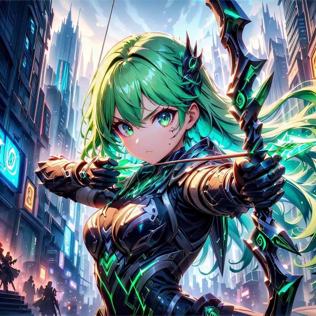 An anime Frau with fließendes smaragdgrünes Haar，sie&#39;s gekleidet in schlanke schwarze Mech-Ausrüstung，Im Hintergrund der futuristischen Cyberpunk-Stadt。sie was armed with a bow and arrow，A entschlossener Ausdruck，Surrounded by Neonlichter、Cityscape with lebendige Farben and dramatische Beleuchtung，Der Gesamtstil ist voller Charme und Energie。
(cyberpunk:1.3) (Mecha-Ästhetik:1.2) (anime Frau:1.4), (fließendes smaragdgrünes Haar:1.2), (glatte schwarze Mecha-Rüstung:1.2), (futuristic cyberpunk cityscape:1.3), (Hochwinkelaufnahme:1.2), (Greifpfeil und Bogen:1.3), (entschlossener Ausdruck:1.2), (Neonlichter:1.3), (lebendige Farben:1.2), (dramatische Beleuchtung:1.2), (Konachan-Stil:1.1), (4k Hintergrundbild:1.2), (fesselnde Energie:1.2)