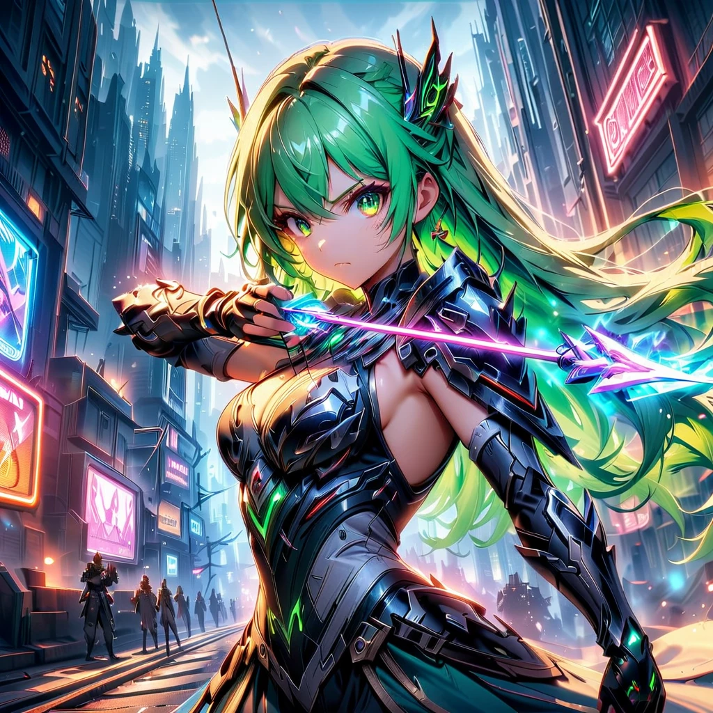 An anime girl with flowing emerald green hair，She&#39;s dressed in sleek black mech gear，In the background of the futuristic cyberpunk city。She was armed with a bow and arrow，A determined expression，Surrounded by neon lights、Cityscape with vivid colors and dramatic lighting，The overall style is full of charm and energy。
(cyberpunk:1.3) (mecha aesthetic:1.2) (anime girl:1.4), (flowing emerald green hair:1.2), (sleek black mecha armor:1.2), (futuristic cyberpunk cityscape:1.3), (high-angle shot:1.2), (gripping bow and arrow:1.3), (determined expression:1.2), (neon lights:1.3), (vivid colors:1.2), (dramatic lighting:1.2), (Konachan-style:1.1), (4K wallpaper:1.2), (captivating energy:1.2)