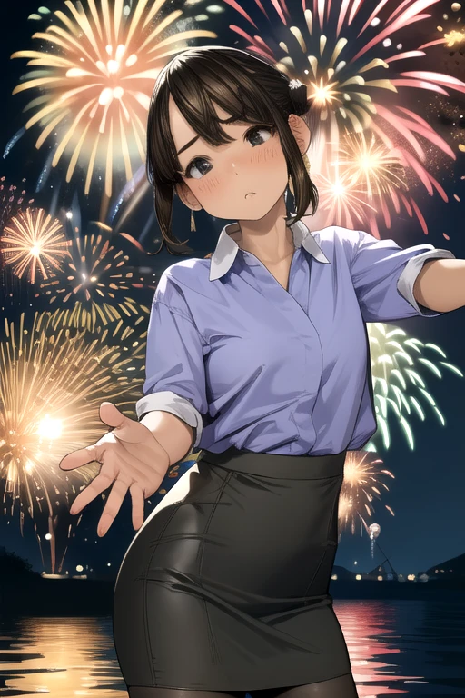 Very detailed, high quality:1.5, masterpiece, beautiful, Film Portraits,(dark),((douki-chan)),short ponytail,office lady,blue shirt,high-waist skirt,pencil skirt,pantyhose,jewelry,earrings,(((Tilt  head))),The hug is coming, incoming kiss, Spread your hands,((Close ~ eyes)),(Station platform),誰もいないStation platform,night,Flushing of cheeks,Lovely,dark照明,(((firework)))