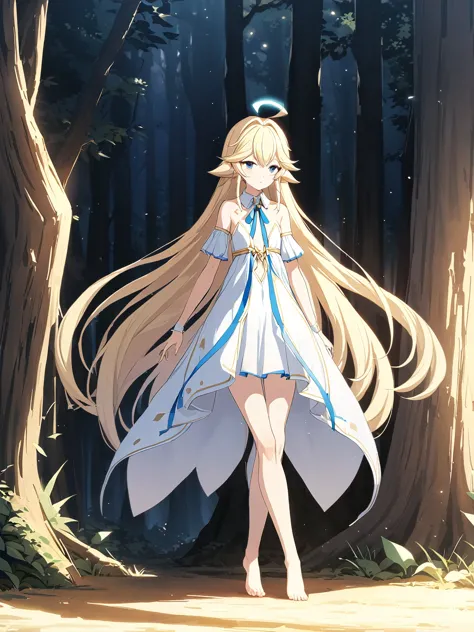 Zaora, blue eyes, (Variegated eyes:0.5), Blonde, Very long hair, Twin Blade, bangs, Ahoge, Hello, Angel, Flat Chest, White Dress...