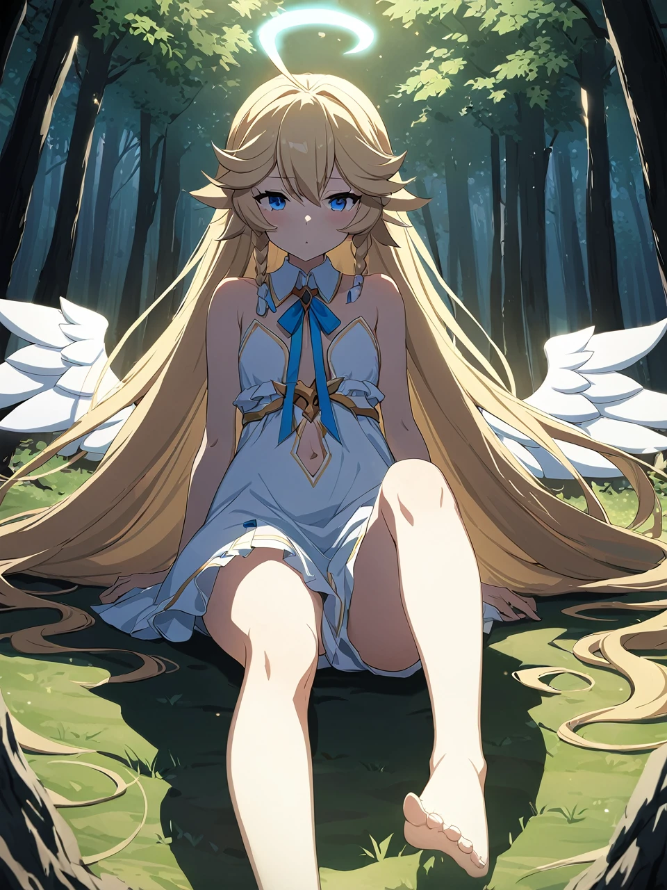 Zaora, blue eyes, (Variegated eyes:0.5), Blonde, Very long hair, Twin Blade, bangs, Ahoge, Hello, Angel, Flat Chest, White Dress, Belly button cutout, Detachable collar, Strapless, Neck ribbon, Bare shoulders, Angel wings, barefoot, One girl, Solo Break Space, forest, Depth of written boundary, Cinematic, masterpiece, Highest quality, Game CG