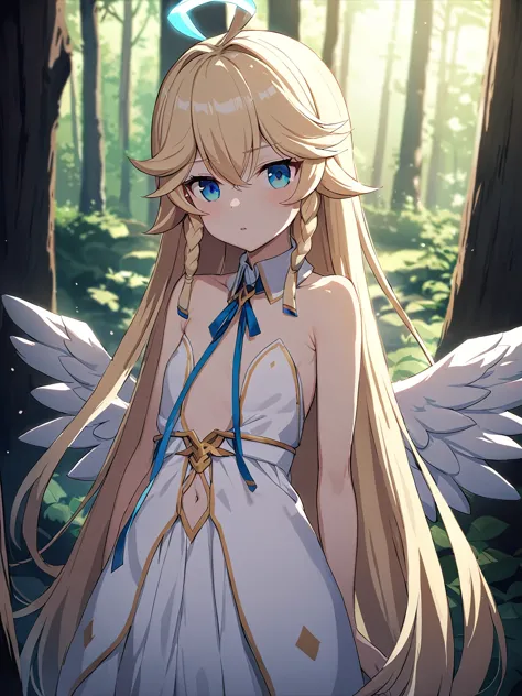 zaora, blue eyes, (variegated eyes:0.5), blonde, very long hair, twin blade, bangs, ahoge, hello, angel, flat chest, white dress...