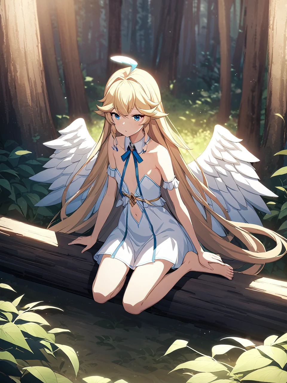 Zaora, blue eyes, (Variegated eyes:0.5), Blonde, Very long hair, Twin Blade, bangs, Ahoge, Hello, Angel, Flat Chest, White Dress, Belly button cutout, Detachable collar, Strapless, Neck ribbon, Bare shoulders, Angel wings, barefoot, One girl, Solo Break Space, forest, Depth of written boundary, Cinematic, masterpiece, Highest quality, Game CG