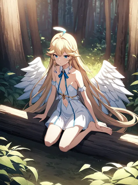 Zaora, blue eyes, (Variegated eyes:0.5), Blonde, Very long hair, Twin Blade, bangs, Ahoge, Hello, Angel, Flat Chest, White Dress...