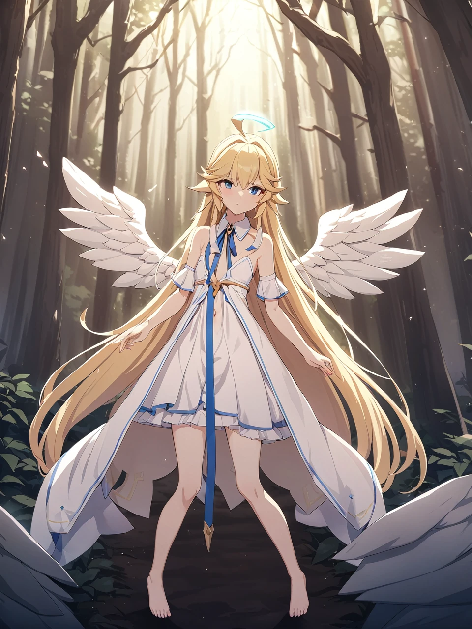 Zaora, blue eyes, (Variegated eyes:0.5), Blonde, Very long hair, Twin Blade, bangs, Ahoge, Hello, Angel, Flat Chest, White Dress, Belly button cutout, Detachable collar, Strapless, Neck ribbon, Bare shoulders, Angel wings, barefoot, One girl, Solo Break Space, forest, Depth of written boundary, Cinematic, masterpiece, Highest quality, Game CG