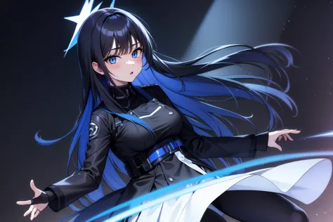 1girl,solo, saorijoumae, saori joumae, blue eyes, blue hair, halo, long hair, black jacket with high neck, black pants