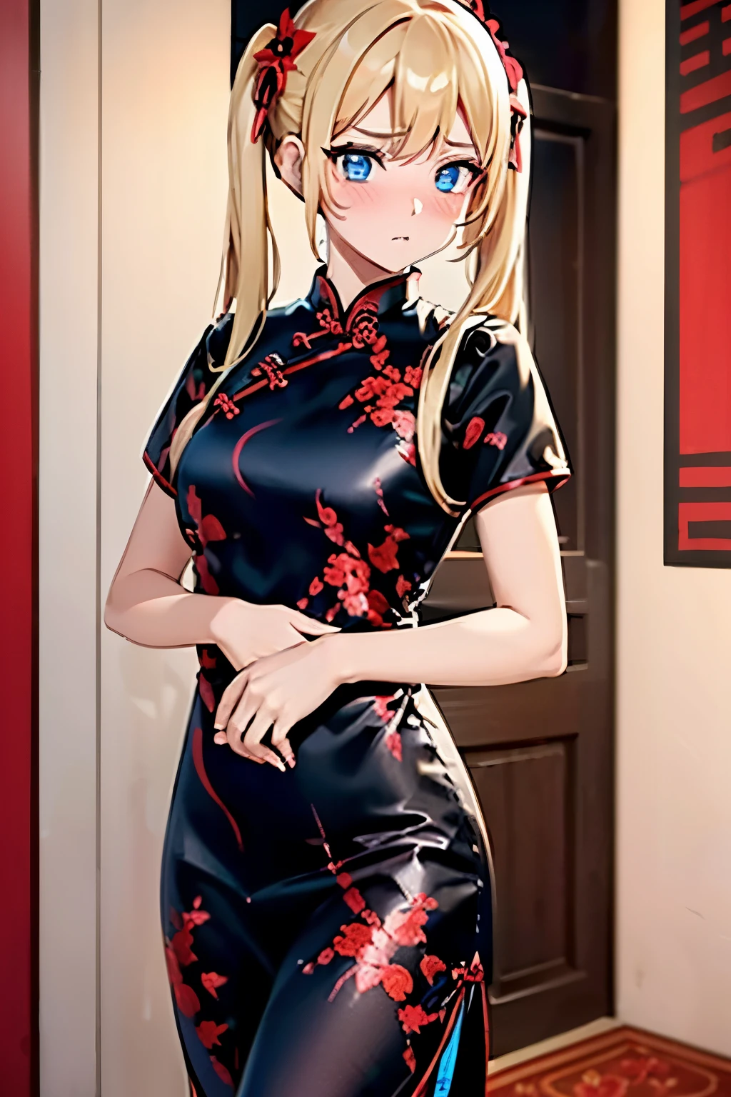 girl with long blonde pigtails and blue eyes, black long cheongsam with red flower pattern, short sleeves, glossy fabric, try on, boutique, store, outside of fitting room, looking at viewer, embarrassed, shy, gentle, blushing beautiful, high resolution, 8k