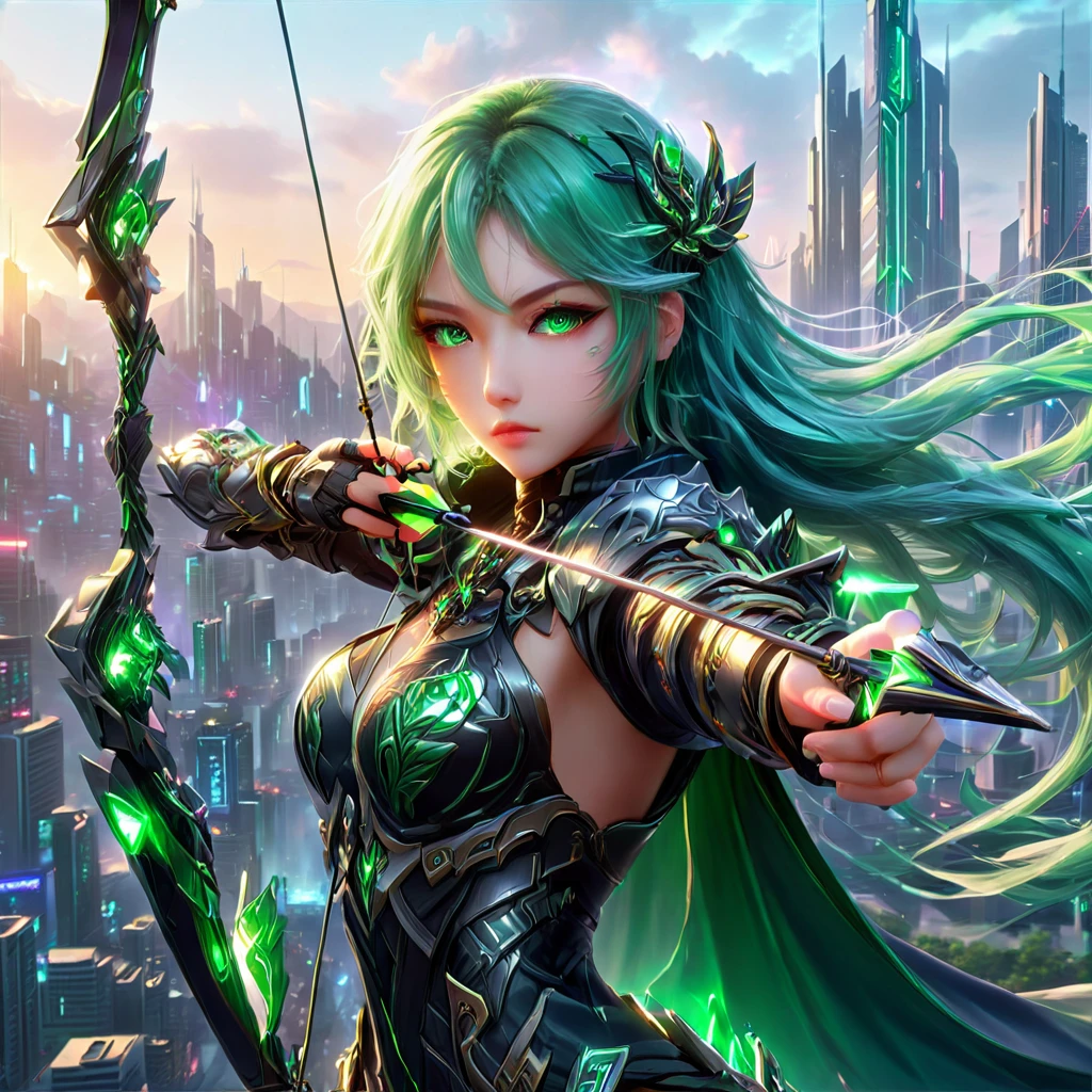 An anime girl with flowing emerald green hair，She&#39;s dressed in sleek black mech gear，In the background of the futuristic cyberpunk city。She was armed with a bow and arrow，A determined expression，Surrounded by neon lights、Cityscape with vivid colors and dramatic lighting，The overall style is full of charm and energy。
(cyberpunk:1.3) (mecha aesthetic:1.2) (anime girl:1.4), (flowing emerald green hair:1.2), (sleek black mecha armor:1.2), (futuristic cyberpunk cityscape:1.3), (high-angle shot:1.2), (gripping bow and arrow:1.3), (determined expression:1.2), (neon lights:1.3), (vivid colors:1.2), (dramatic lighting:1.2), (Konachan-style:1.1), (4K wallpaper:1.2), (captivating energy:1.2)