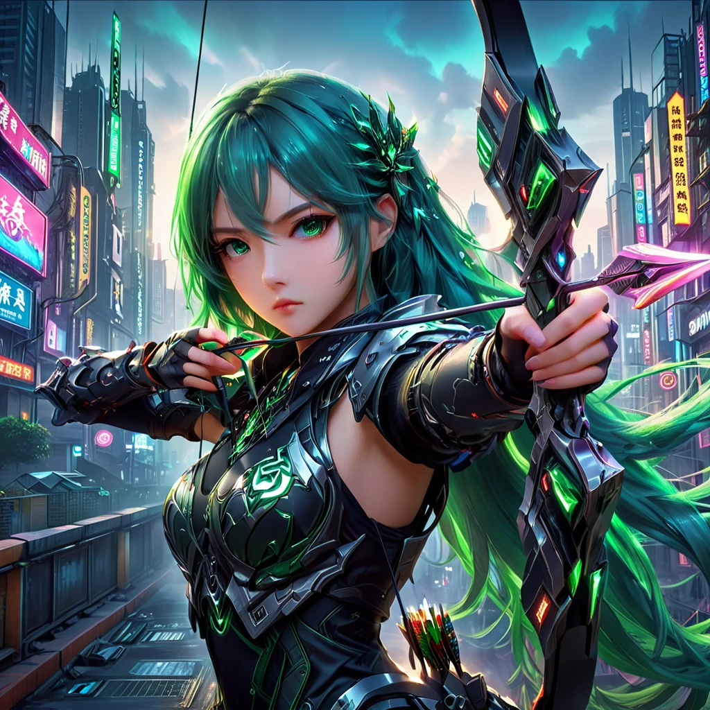 An anime Frau with fließendes smaragdgrünes Haar，sie&#39;s gekleidet in schlanke schwarze Mech-Ausrüstung，Im Hintergrund der futuristischen Cyberpunk-Stadt。sie was armed with a bow and arrow，A entschlossener Ausdruck，Surrounded by Neonlichter、Cityscape with lebendige Farben and dramatische Beleuchtung，Der Gesamtstil ist voller Charme und Energie。
(cyberpunk:1.3) (Mecha-Ästhetik:1.2) (anime Frau:1.4), (fließendes smaragdgrünes Haar:1.2), (glatte schwarze Mecha-Rüstung:1.2), (futuristic cyberpunk cityscape:1.3), (Hochwinkelaufnahme:1.2), (Greifpfeil und Bogen:1.3), (entschlossener Ausdruck:1.2), (Neonlichter:1.3), (lebendige Farben:1.2), (dramatische Beleuchtung:1.2), (Konachan-Stil:1.1), (4k Hintergrundbild:1.2), (fesselnde Energie:1.2)