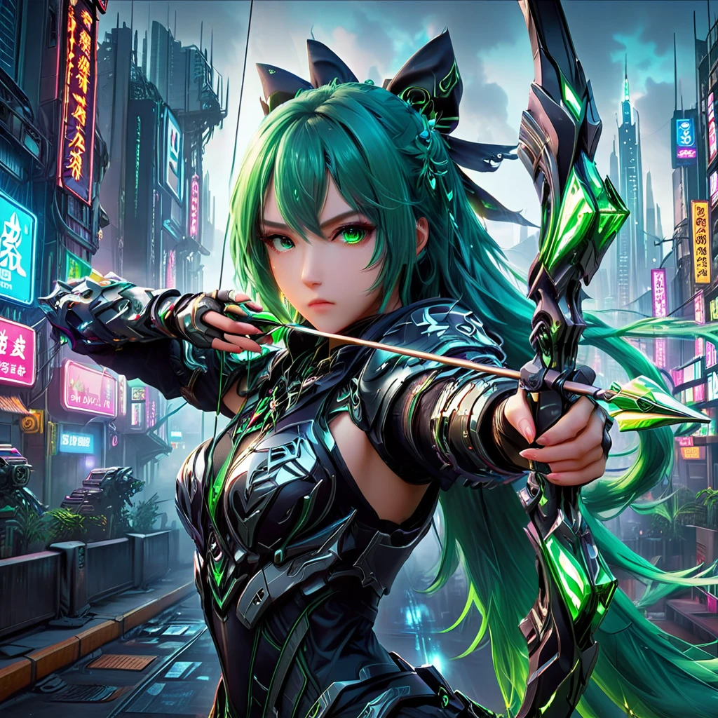 An anime girl with flowing emerald green hair，She&#39;s dressed in sleek black mech gear，In the background of the futuristic cyberpunk city。She was armed with a bow and arrow，A determined expression，Surrounded by neon lights、Cityscape with vivid colors and dramatic lighting，The overall style is full of charm and energy。
(cyberpunk:1.3) (mecha aesthetic:1.2) (anime girl:1.4), (flowing emerald green hair:1.2), (sleek black mecha armor:1.2), (futuristic cyberpunk cityscape:1.3), (high-angle shot:1.2), (gripping bow and arrow:1.3), (determined expression:1.2), (neon lights:1.3), (vivid colors:1.2), (dramatic lighting:1.2), (Konachan-style:1.1), (4K wallpaper:1.2), (captivating energy:1.2)