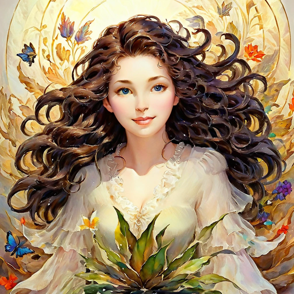 The Game of Tides,Luxray, separated hair color, wind, flying petals, stained glass, decorative, difficult details, Dufkova, 2d, linear, watercolor, ink watercolor, random hair color, super long hair, wavy, 1 girl,Mandrake,flower, Mandrake, detailed, difficult, perfect lighting, perfect shading, (Flat color:1), (2d:1), (masterpiece, award-winning, Best quality:1.25), (Mature Adult:1.3)