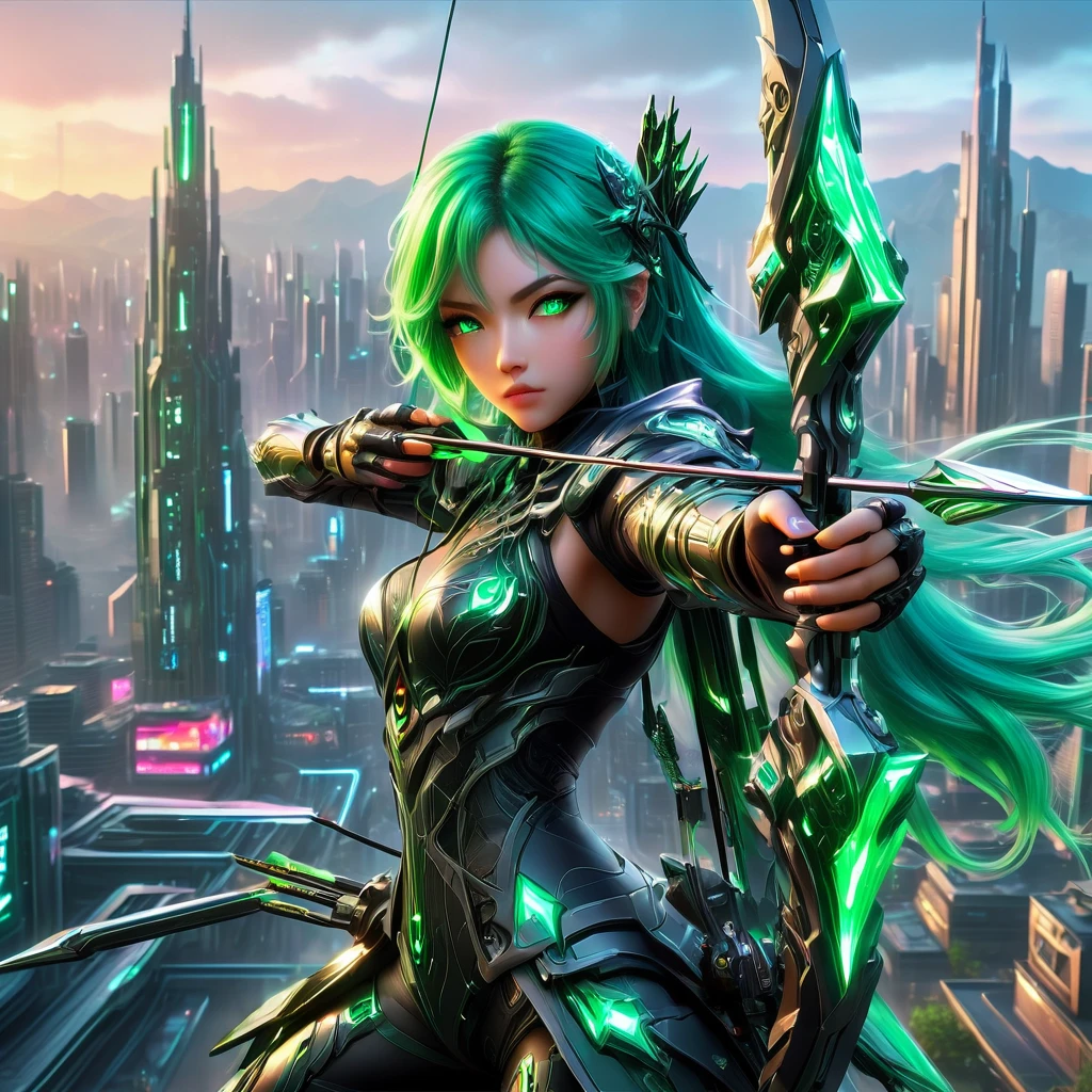 An anime girl with flowing emerald green hair，She&#39;s dressed in sleek black mech gear，In the background of the futuristic cyberpunk city。She was armed with a bow and arrow，A determined expression，Surrounded by neon lights、Cityscape with vivid colors and dramatic lighting，The overall style is full of charm and energy。
(cyberpunk:1.3) (mecha aesthetic:1.2) (anime girl:1.4), (flowing emerald green hair:1.2), (sleek black mecha armor:1.2), (futuristic cyberpunk cityscape:1.3), (high-angle shot:1.2), (gripping bow and arrow:1.3), (determined expression:1.2), (neon lights:1.3), (vivid colors:1.2), (dramatic lighting:1.2), (Konachan-style:1.1), (4K wallpaper:1.2), (captivating energy:1.2)