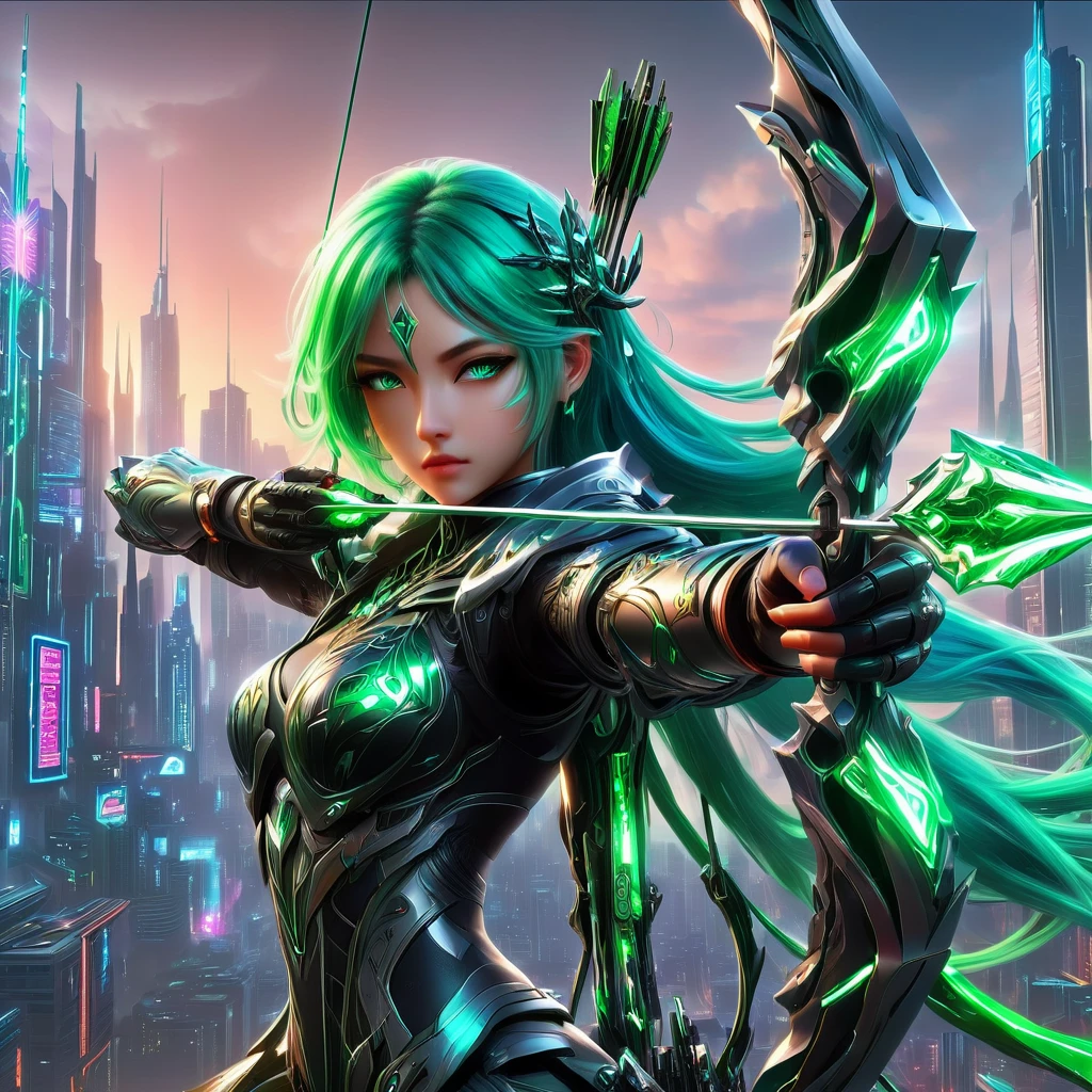 An anime girl with flowing emerald green hair，She&#39;s dressed in sleek black mech gear，In the background of the futuristic cyberpunk city。She was armed with a bow and arrow，A determined expression，Surrounded by neon lights、Cityscape with vivid colors and dramatic lighting，The overall style is full of charm and energy。
(cyberpunk:1.3) (mecha aesthetic:1.2) (anime girl:1.4), (flowing emerald green hair:1.2), (sleek black mecha armor:1.2), (futuristic cyberpunk cityscape:1.3), (high-angle shot:1.2), (gripping bow and arrow:1.3), (determined expression:1.2), (neon lights:1.3), (vivid colors:1.2), (dramatic lighting:1.2), (Konachan-style:1.1), (4K wallpaper:1.2), (captivating energy:1.2)