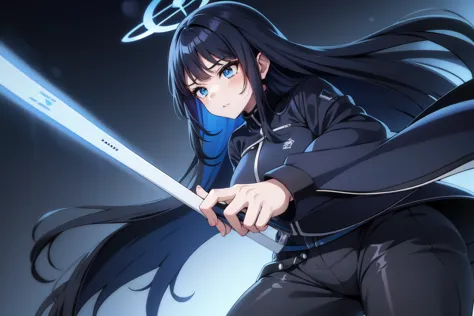 1girl,solo, saorijoumae, saori joumae, blue eyes, blue hair, halo, long hair, black jacket with high neck, black pants, cursed e...