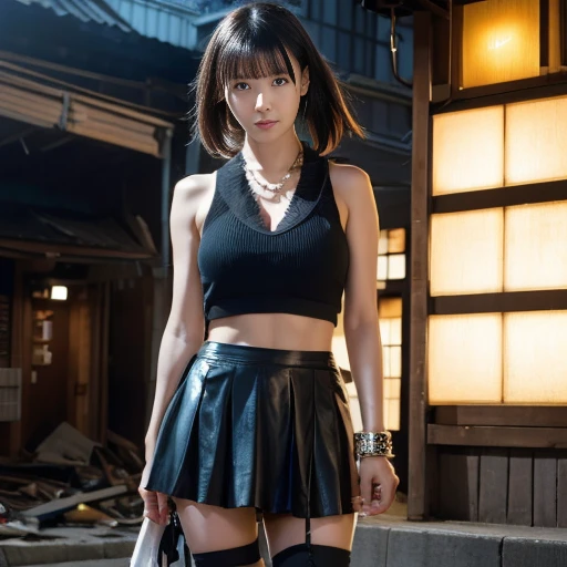 Wide size, two photos showing the entire body, including legs.

A high-resolution, realistic photo-image featuring a young Japanese justice heroine in peril, inspired by Japanese tokusatsu TV shows. 

She is captured by a monstrous villain in a bright daytime devastated future cityscape. She is restrained by glowing energy black chains, struggling to break free.
Her expression shows fear and desperation. The villain stands menacingly nearby, casting a shadow over her.
The costume is torn, ripped, and tattered from enemy attacks.

She is  a very cute 20-something Japanese pure-type heroine with idol-like qualities. She has fair skin, a slender body, and a typical neat, elegant appearance of a pure-type heroine. 

She wears a simple yet torn, ripped and tattered sleeveless V-neck top that highlights her upper chest line,
and a torn, ripped and tattered high-thigh-length very short mini-skirt. 
Her hair is black, straight, styled in a half-up look with some hair tucked behind her ears.