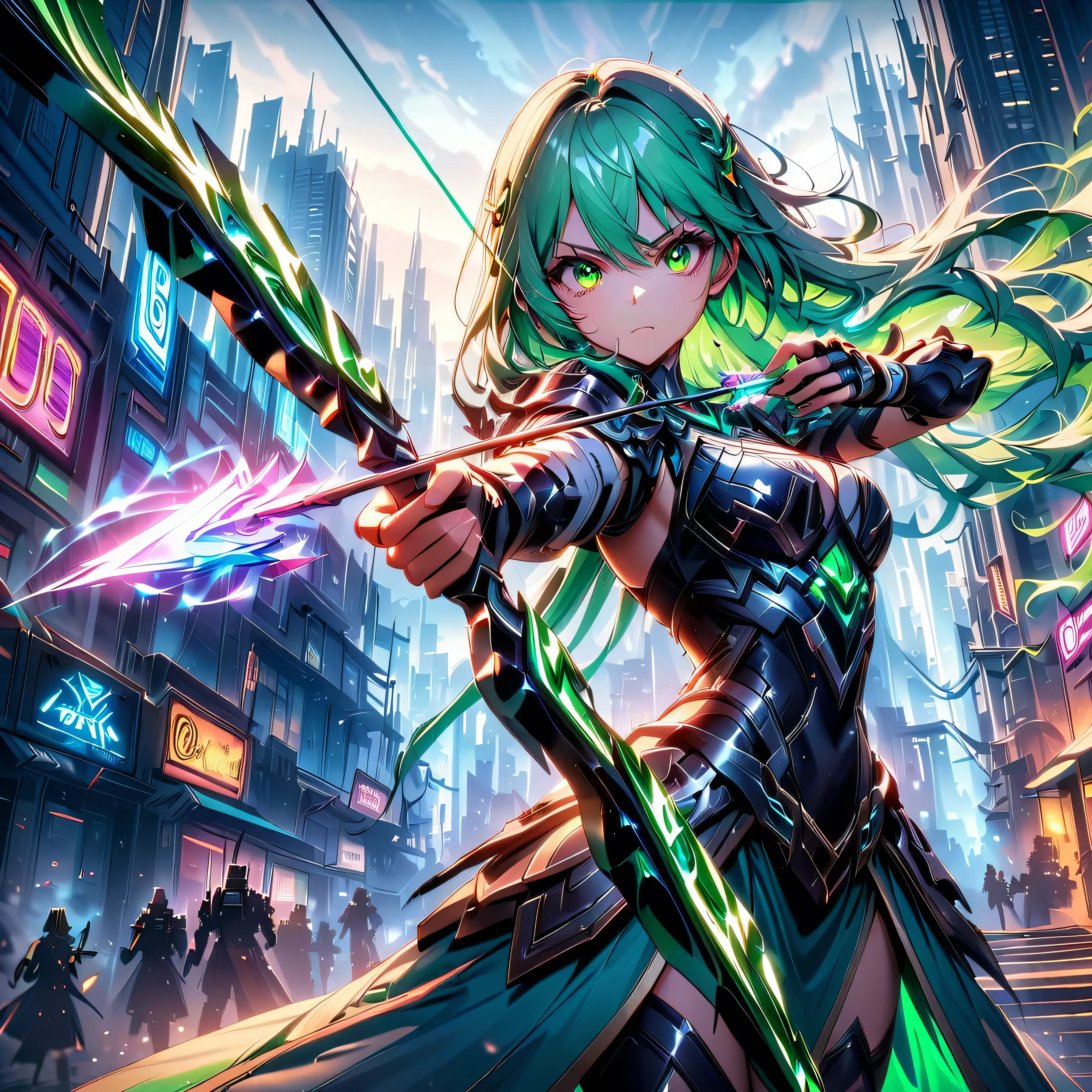 An anime Frau with fließendes smaragdgrünes Haar，sie&#39;s gekleidet in schlanke schwarze Mech-Ausrüstung，Im Hintergrund der futuristischen Cyberpunk-Stadt。sie was armed with a bow and arrow，A entschlossener Ausdruck，Surrounded by Neonlichter、Cityscape with lebendige Farben and dramatische Beleuchtung，Der Gesamtstil ist voller Charme und Energie。
(cyberpunk:1.3) (Mecha-Ästhetik:1.2) (anime Frau:1.4), (fließendes smaragdgrünes Haar:1.2), (glatte schwarze Mecha-Rüstung:1.2), (futuristic cyberpunk cityscape:1.3), (Hochwinkelaufnahme:1.2), (Greifpfeil und Bogen:1.3), (entschlossener Ausdruck:1.2), (Neonlichter:1.3), (lebendige Farben:1.2), (dramatische Beleuchtung:1.2), (Konachan-Stil:1.1), (4k Hintergrundbild:1.2), (fesselnde Energie:1.2)