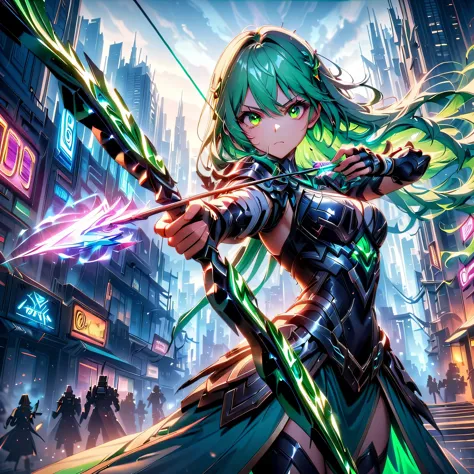 An anime girl with flowing emerald green hair，She&#39;s dressed in sleek black mech gear，In the background of the futuristic cyb...