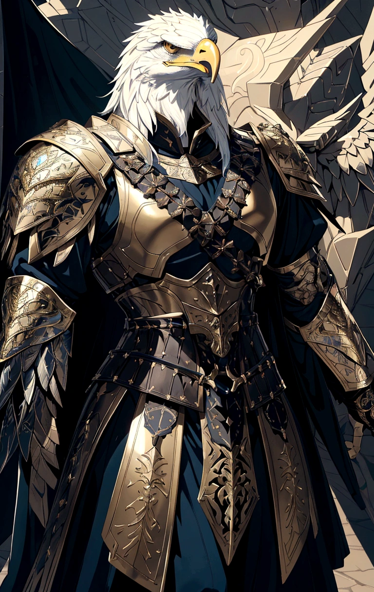 a close up of a person in a costume with an eagle on his arm, armor and robes, flowing robes and leather armor, detailed armor, photogenic details on armor, detailed fantasy armor, intricate armor details, stunning armor, detailed armour, very stylish fantasy armor, realistic armor, beautiful armor, thick armor, highly detailed armor, fantasy warrior in full armor