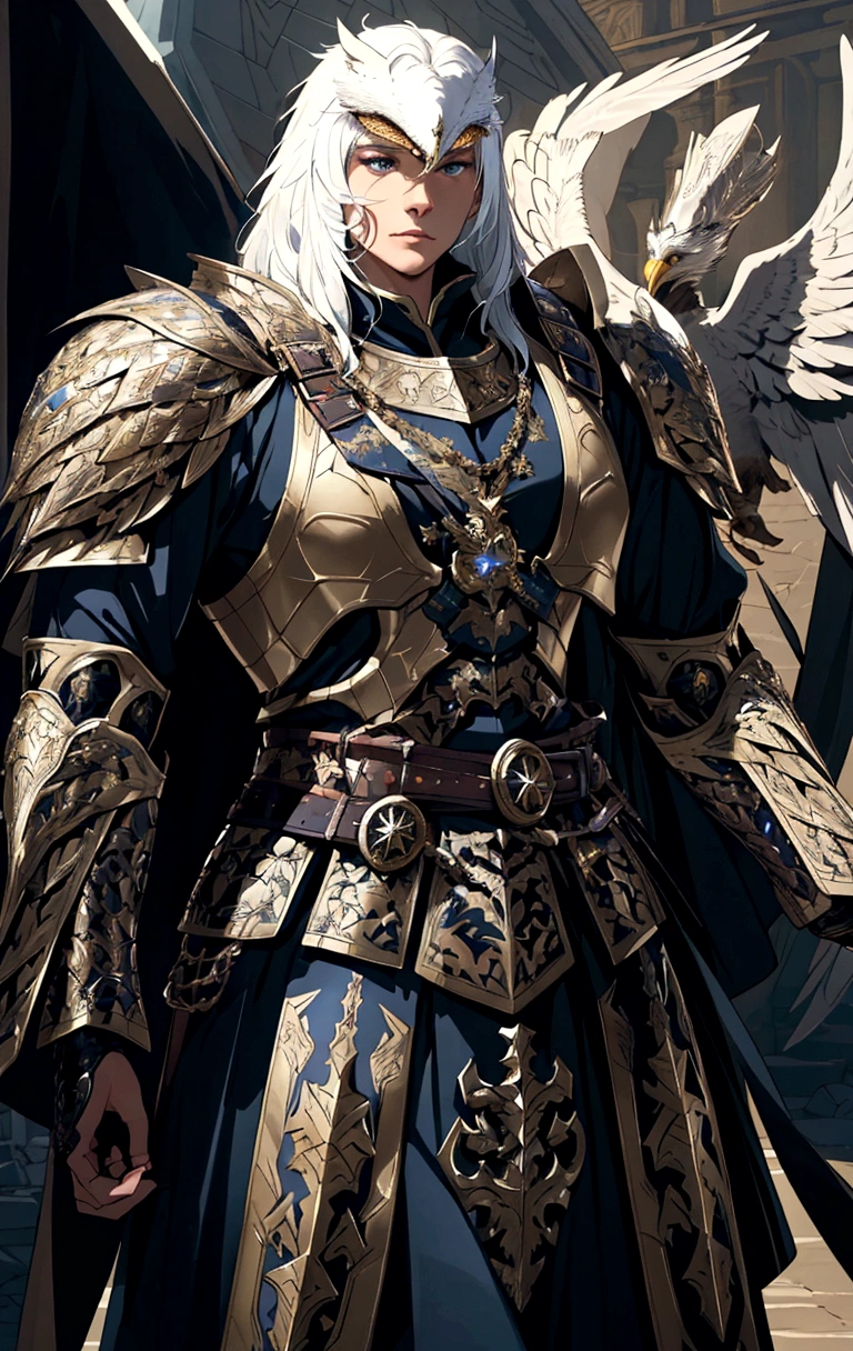 a close up of a person in a costume with an eagle on his arm, armor and robes, flowing robes and leather armor, detailed armor, photogenic details on armor, detailed fantasy armor, intricate armor details, stunning armor, detailed armour, very stylish fantasy armor, realistic armor, beautiful armor, thick armor, highly detailed armor, fantasy warrior in full armor