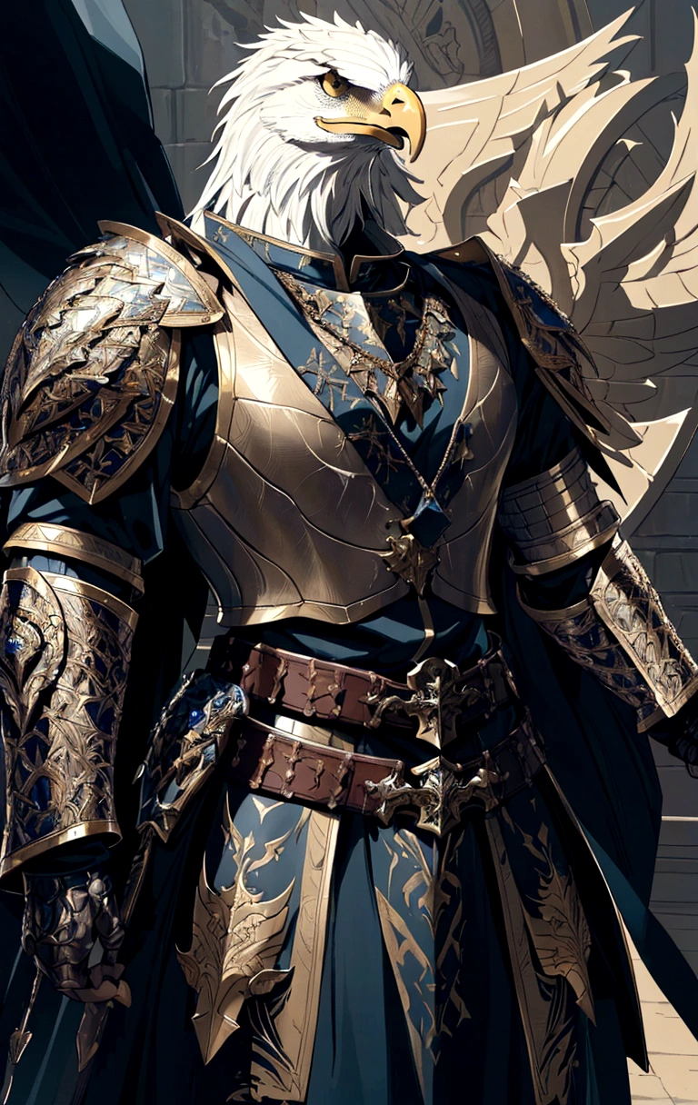 a close up of a person in a costume with an eagle on his arm, armor and robes, flowing robes and leather armor, detailed armor, photogenic details on armor, detailed fantasy armor, intricate armor details, stunning armor, detailed armour, very stylish fantasy armor, realistic armor, beautiful armor, thick armor, highly detailed armor, fantasy warrior in full armor