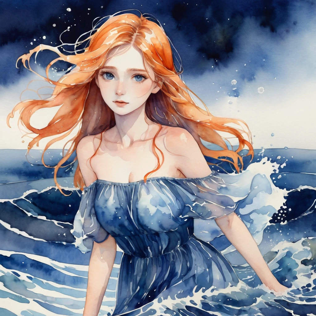 (masterpiece, Best quality), ((1 girl, One, long hair)), Ishmael_limb, Expression of innocence, bare hands, bare shoulders, bare neck, Watercolor, sundress, liquid clothing, Water, waves, Water dress, blue_topic, night, fog, Dark, sharp focus, Sea, a transparent dress, orange hair