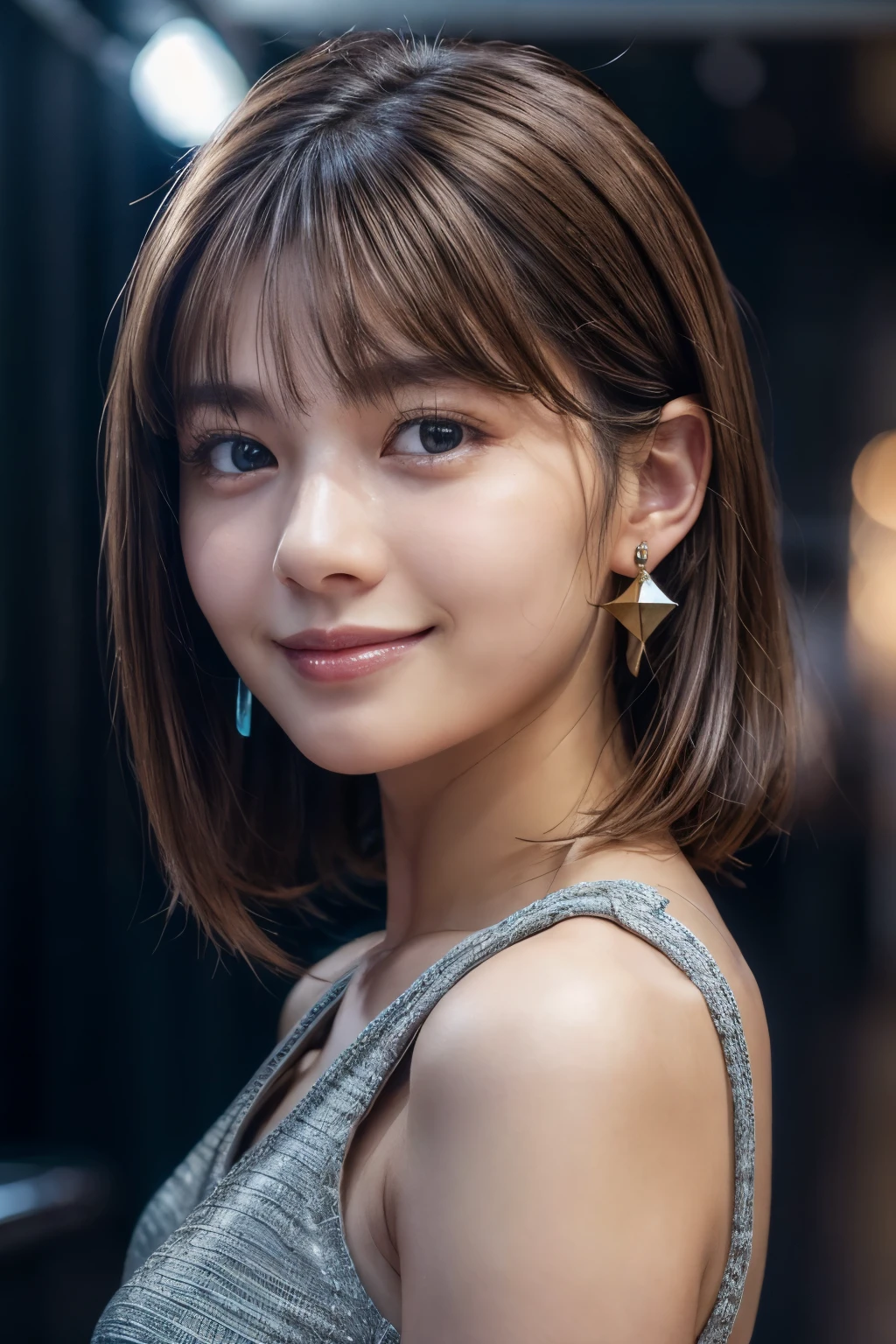 Upper Body、Beauty、Well-formed face、20-year-old、Uniform eyes、Small face、, light brown hair, hair over shoulder, parted bangs, straight hair, expressive hair, shiny hair, earrings, seductive smile, Surrealism, cinematic lighting, first-person view, pov, f/1.2, Nikon, UHD, textured skin, best quality, highres, 8k