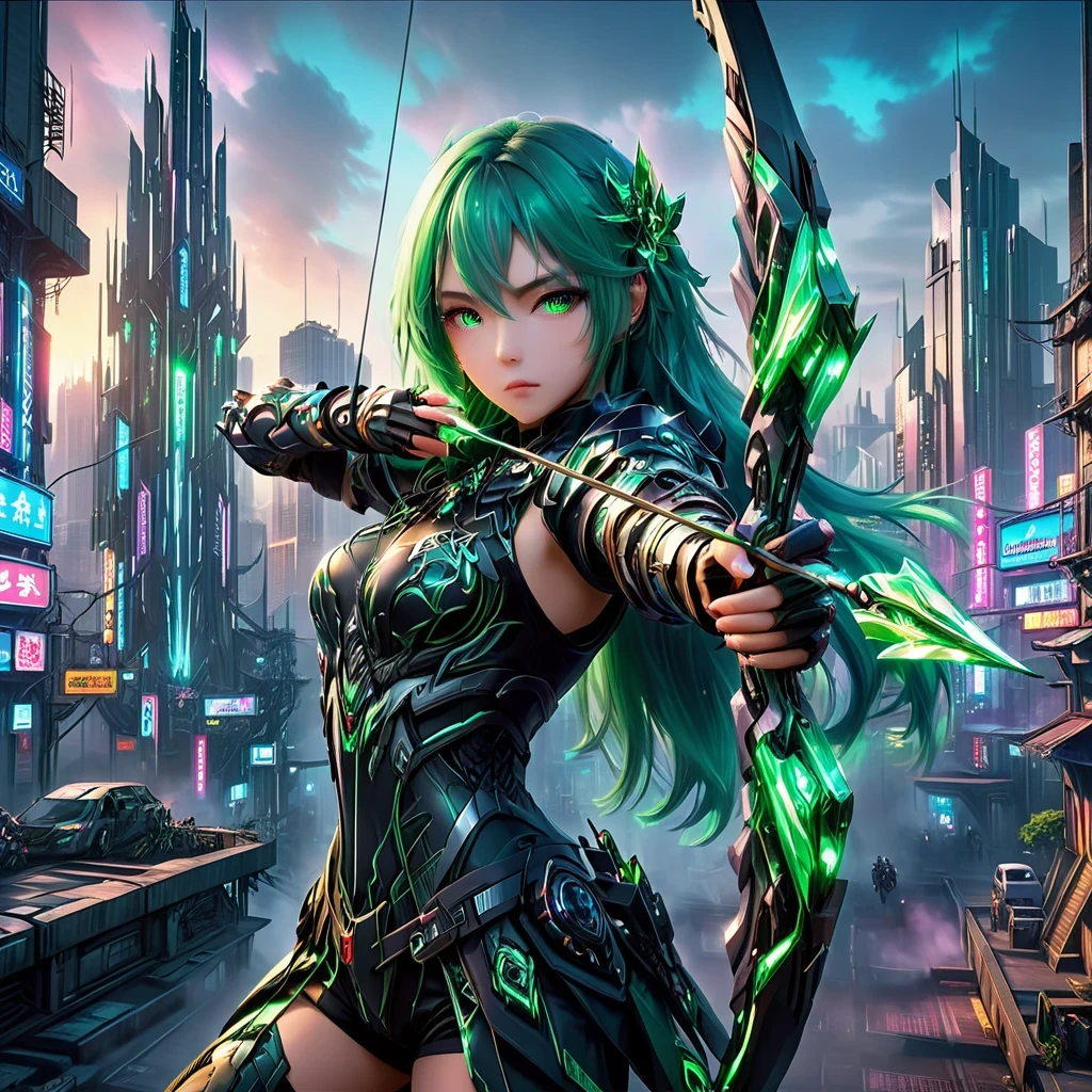 An anime girl with flowing emerald green hair，She&#39;s dressed in sleek black mech gear，In the background of the futuristic cyberpunk city。She was armed with a bow and arrow，A determined expression，Surrounded by neon lights、Cityscape with vivid colors and dramatic lighting，The overall style is full of charm and energy。
(cyberpunk:1.3) (mecha aesthetic:1.2) (anime girl:1.4), (flowing emerald green hair:1.2), (sleek black mecha armor:1.2), (futuristic cyberpunk cityscape:1.3), (high-angle shot:1.2), (gripping bow and arrow:1.3), (determined expression:1.2), (neon lights:1.3), (vivid colors:1.2), (dramatic lighting:1.2), (Konachan-style:1.1), (4K wallpaper:1.2), (captivating energy:1.2)