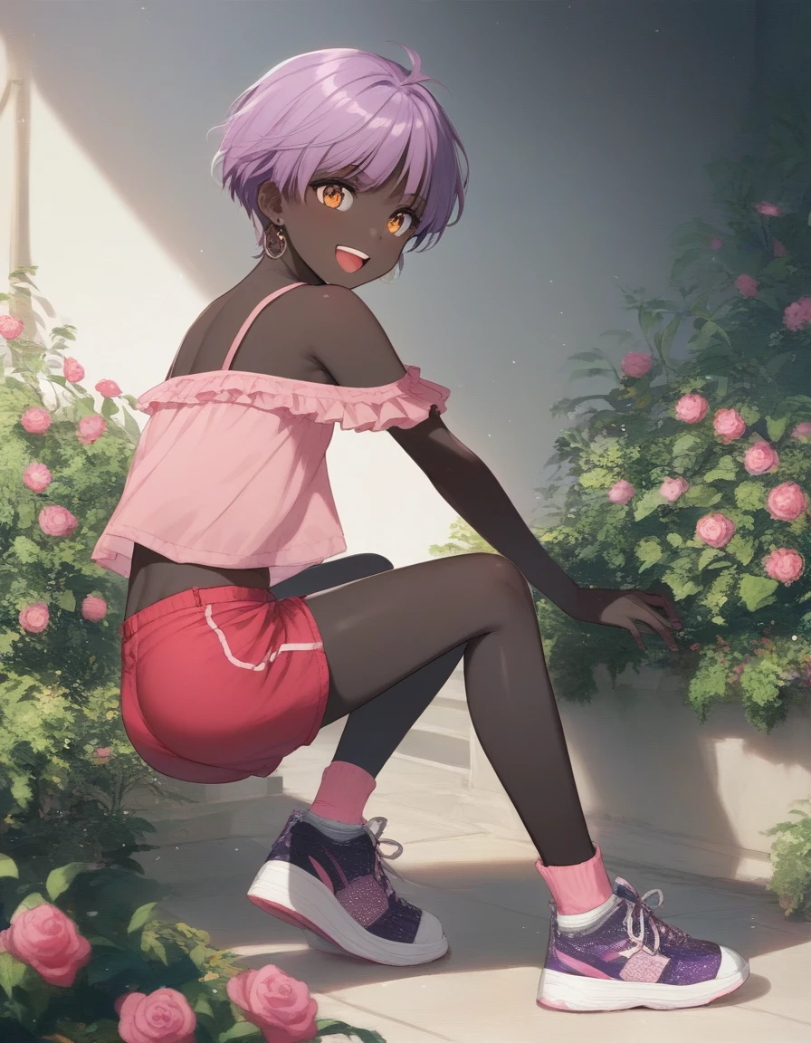 sassy, ​​childish, skinny, black skin, sissy, young boy, pink slider hairstyle, amber eyes, perky ass, earrings, purple bare shoulder shirt, bulged, red shorts, black sneakers, excited, happy smile, in the garden of a mansion, ecchi anime, style Murata Range, masterpiece, cinematic, dramatic, dynamic view, full body,