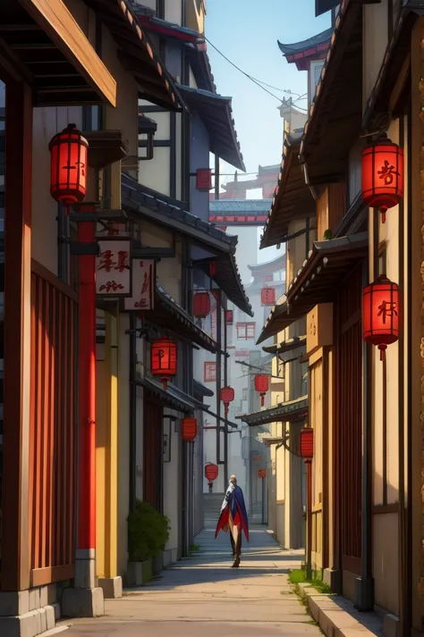 anime - style scene of a street with a man in a cape, fantasy of tsushima, traditional japanese conceptual art, city china de en...