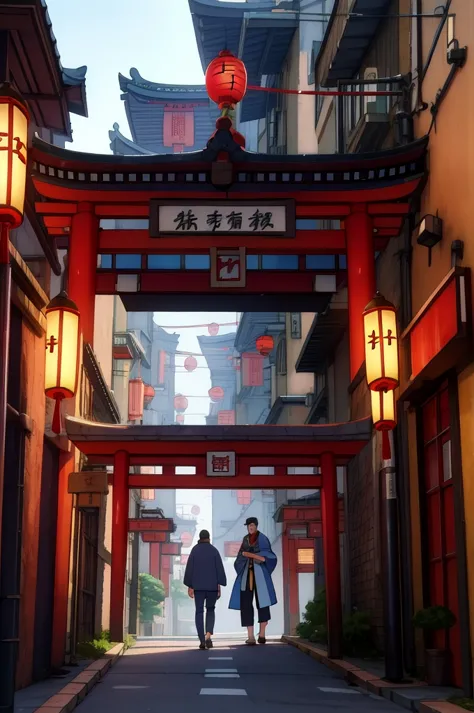 anime - style scene of a street with a man in a cape, fantasy of tsushima, traditional japanese conceptual art, city china de en...