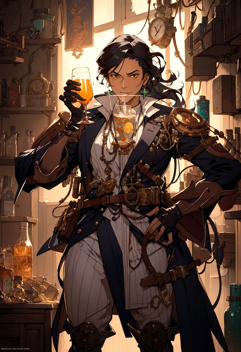 eine Nahaufnahme einer Person, die in einem Raum ein Glas hält, kawacy, jc leyendecker and sachin teng, Guilty Gear Streak Splash Art, tolles Charakterdesign, Steampunk-Konzeptkunst, Trends auf Artstation Pixiv, von Ryan Yee, von Pathfinder, he is in a alchemist lab, im Stil von Sachin Teng, Greg Tocchini, von Yang J