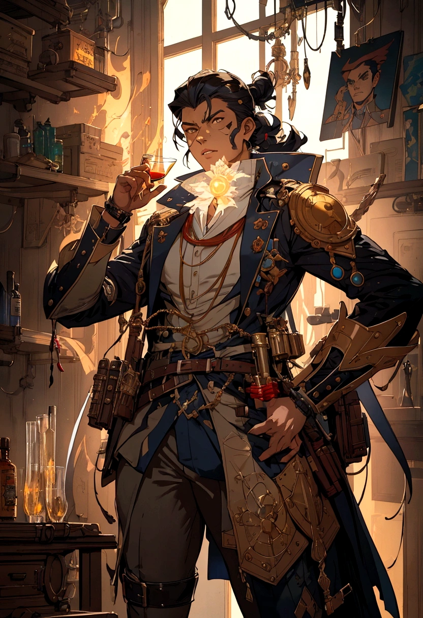 eine Nahaufnahme einer Person, die in einem Raum ein Glas hält, kawacy, jc leyendecker and sachin teng, Guilty Gear Streak Splash Art, tolles Charakterdesign, Steampunk-Konzeptkunst, Trends auf Artstation Pixiv, von Ryan Yee, von Pathfinder, he is in a alchemist lab, im Stil von Sachin Teng, Greg Tocchini, von Yang J