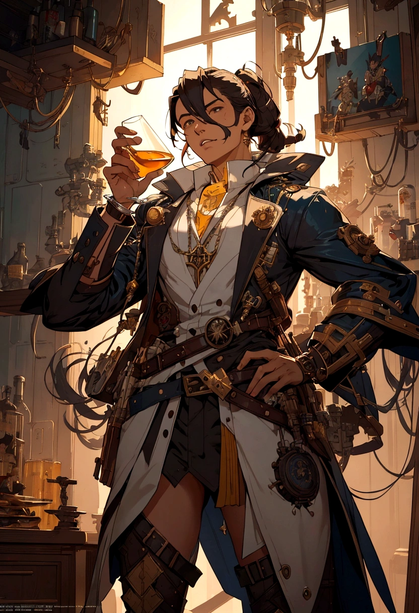 un primer plano de una persona sosteniendo un vaso en una habitación, tipo, jc leyendecker y sachin teng, equipo culpable se esfuerza arte salpicado, gran diseño de personajes, arte conceptual steampunk, tendencia en artstation pixiv, by Ryan Yee, del buscador de caminos, él está en un laboratorio de alquimista, al estilo de sachin teng, greg tocchini, by Yang J