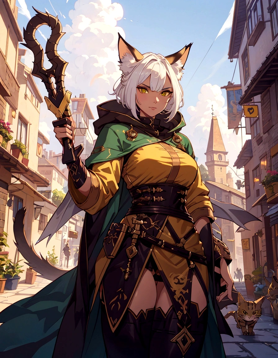 a cat with a scyther and a sword in a street, anthro cat, an anthro cat, roleplaying game art, anthropomorphic female cat, tabaxi monk, tabaxi :: rogue, rpg character art, cattie - brie of mithril hall, tabaxi, rpg book portrait, fantasy character art, by Cynthia Sheppard