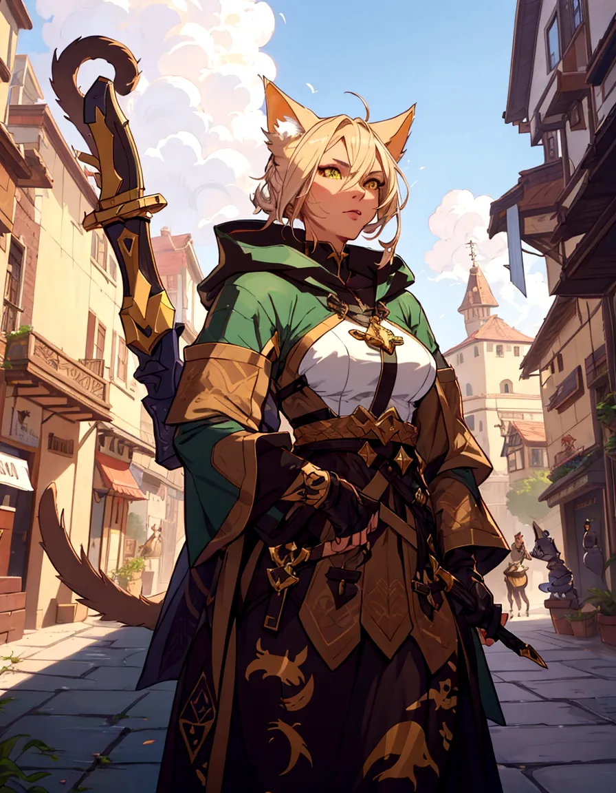 a cat with a scyther and a sword in a street, anthro cat, an anthro cat, roleplaying game art, anthropomorphic female cat, tabax...