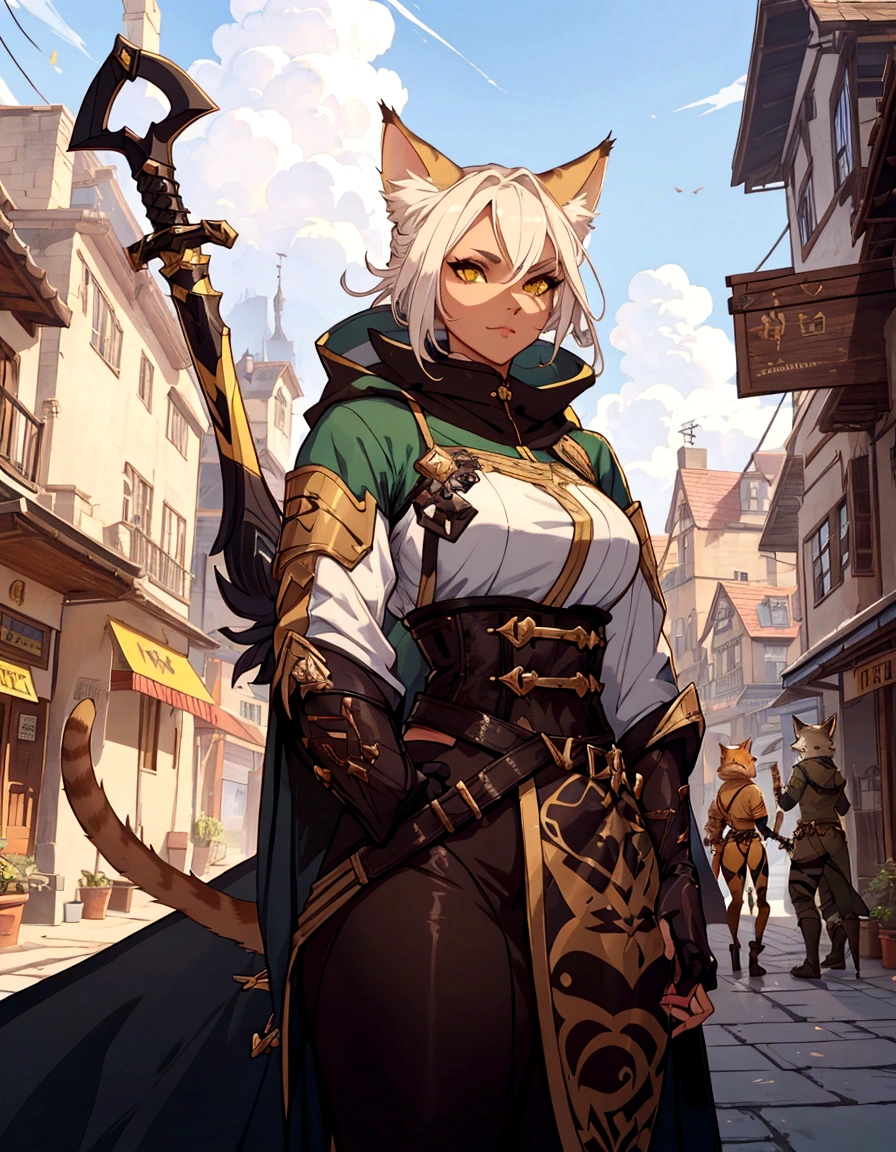 Un gato con una guadaña y una espada en una calle., gato antro, an gato antro, arte del juego de rol, gata antropomorfa, Monje Tabaxi, tabaxi :: rogue, arte de personajes rpg, cattie - brie de mithril hall, tabaxi, retrato de libro de rol, arte de personajes de fantasía, por Cynthia Sheppard