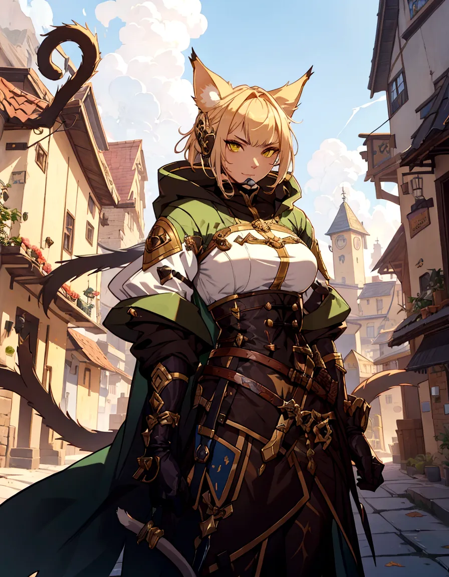 a cat with a scyther and a sword in a street, anthro cat, an anthro cat, roleplaying game art, anthropomorphic female cat, tabax...