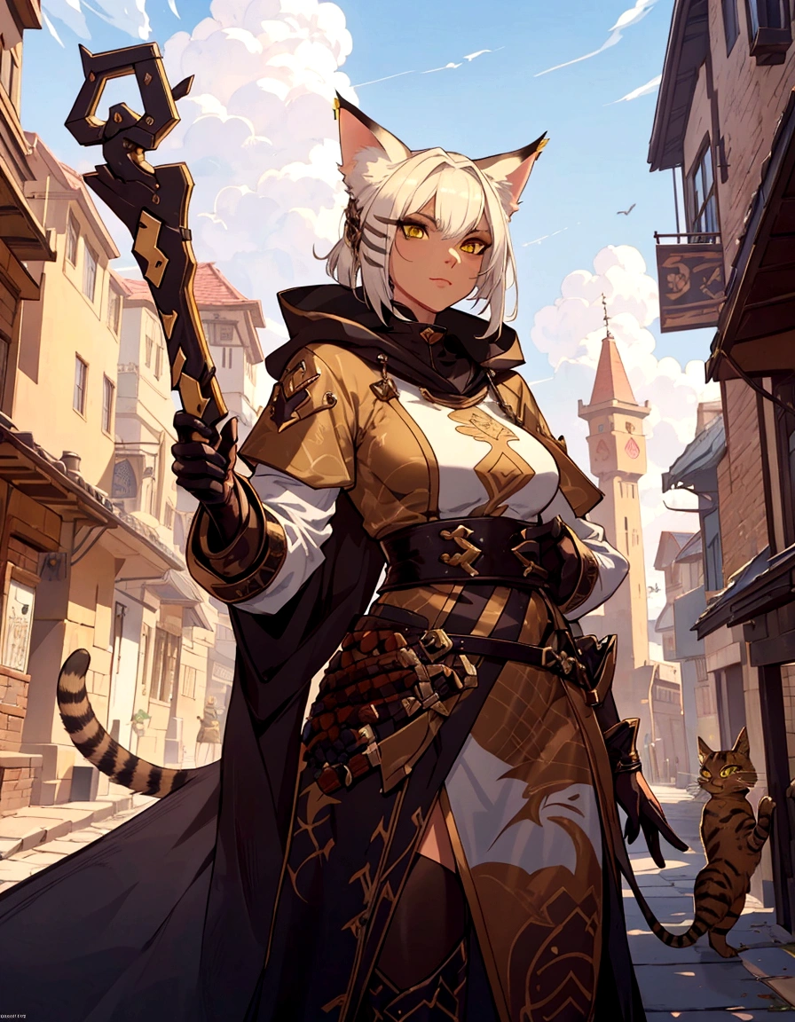 Un gato con una guadaña y una espada en una calle., gato antro, an gato antro, arte del juego de rol, gata antropomorfa, Monje Tabaxi, tabaxi :: rogue, arte de personajes rpg, cattie - brie de mithril hall, tabaxi, retrato de libro de rol, arte de personajes de fantasía, por Cynthia Sheppard