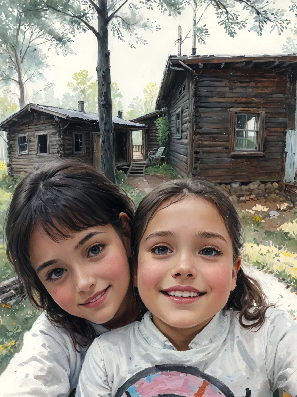 (1 woman 28 years old, 4 year old girl) cabin, paint, drawing, until