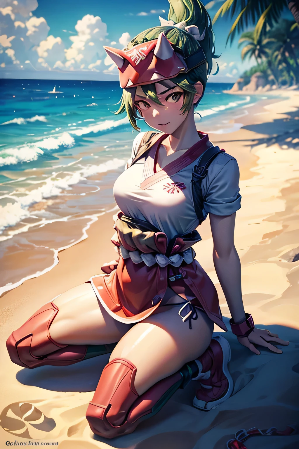 kiriko overwatch, 1 girl, short dark green hair, high ponytail, life guard, swim suit, beach, small breasts, thighs, sitting, kneeling